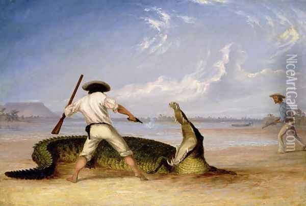 T.Baines and C.Humphrey killing an alligator on Horse Shoe flats Oil Painting - Thomas Baines
