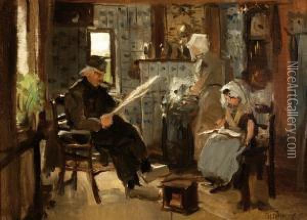 Reading Man And Child In An Interior Oil Painting - Hendrik Horrix