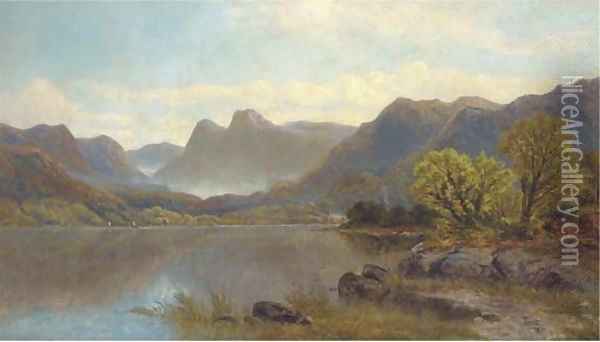 Sailing boats on a lake in a mountainous landscape Oil Painting - Alfred Pettitt