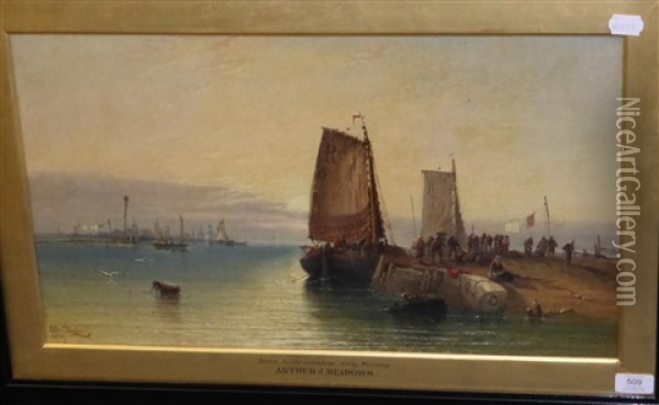 Dutch Boats Unloading, Early Morning Oil Painting - Arthur Joseph Meadows