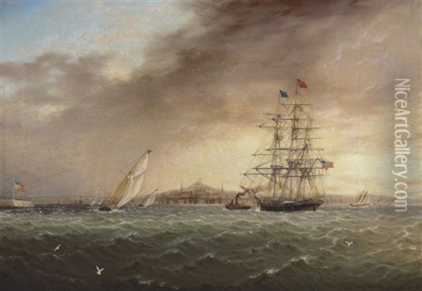 A Large Merchantman Being Towed Into Boston Amidst Yachts Racing Offshore, A Panorama Of The City Beyond Oil Painting - James Edward Buttersworth
