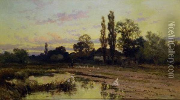 The Duck Pond, With Figures And Geese Before A Farmstead Oil Painting - John Horace Hooper