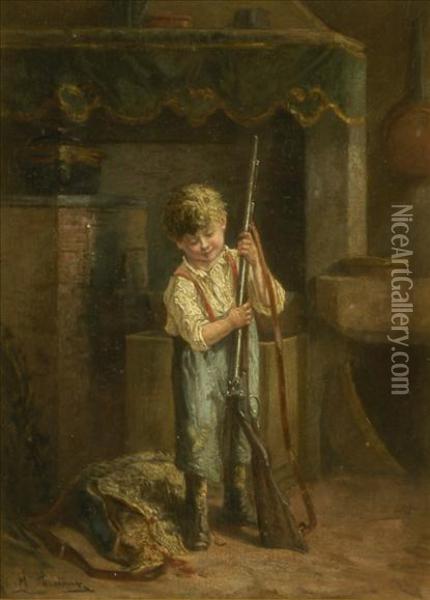 Father's Gun, Cottage Interior With The Day's Bag Oil Painting - Michel Arnoux