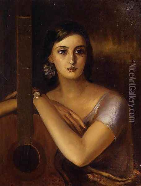 Woman with a Guitar Oil Painting - Julio de Romero de Torres