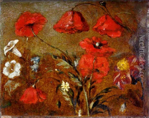 Flower Study, With Poppies, Convolvulus, Harebells And Other Flowers Oil Painting - John Constable