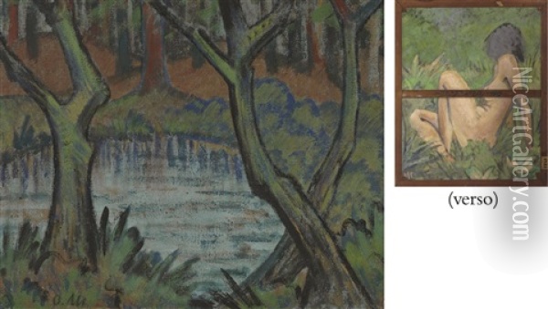 Landschaft (+ Sitzender Akt In Landschaft, Verso) Oil Painting - Otto Mueller