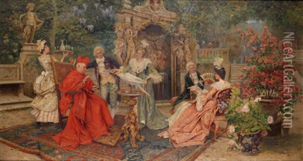 Kardinal D'este Receives Guests At His Villa In Tivoli Oil Painting - Lorenzo Cecconi