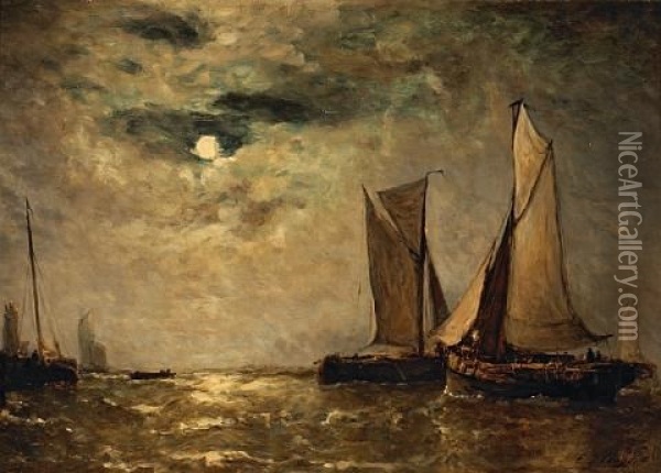 Shipping Off The Coast In The Moonlight Oil Painting - Paul Jean Clays