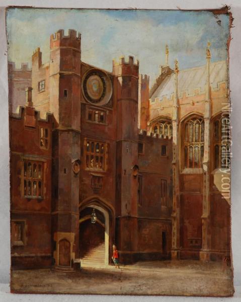 Anne Bolenas Gateway Clock Court Oil Painting - Ernest William Haslehurst