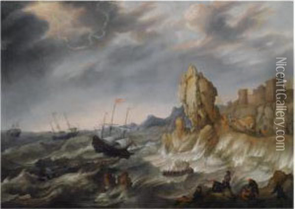Shipping In A Heavy Storm Along A Rocky Coast, With Shipwreckedfigures Climbing On Shore In The Foreground, A View Of A Townbeyond Oil Painting - Abraham Willaerts