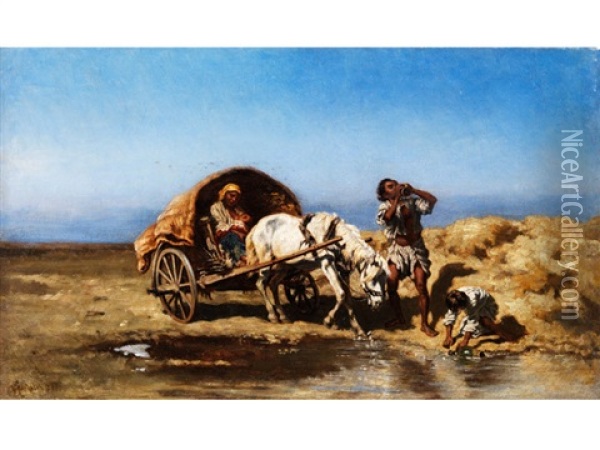 Zigeunerwagen An Der Wassertranke Oil Painting - August Xaver Carl von Pettenkofen