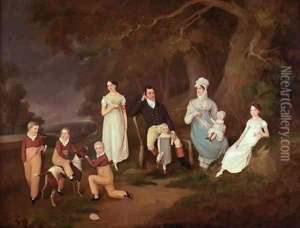 Group portrait of a Squire, his Wife and Children on the Edge of the New Forest, 1817 Oil Painting - W. Allison