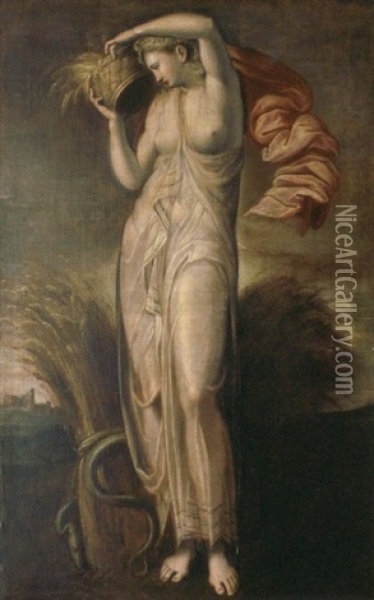 La Deesse Ceres Portant Une Corbeille De Ble Dans Un Paysage Oil Painting - Nicolo dell' Abbate