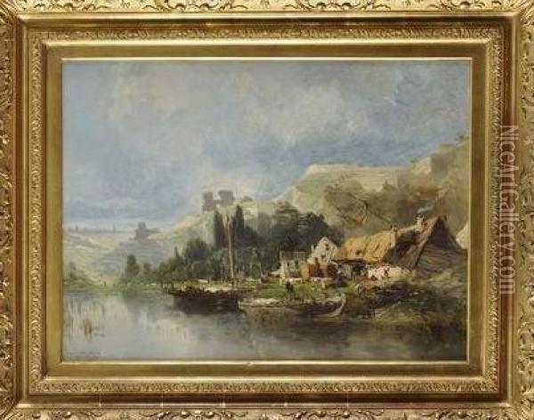 Village En Bord De Riviere Oil Painting - Eugene Galien-Laloue