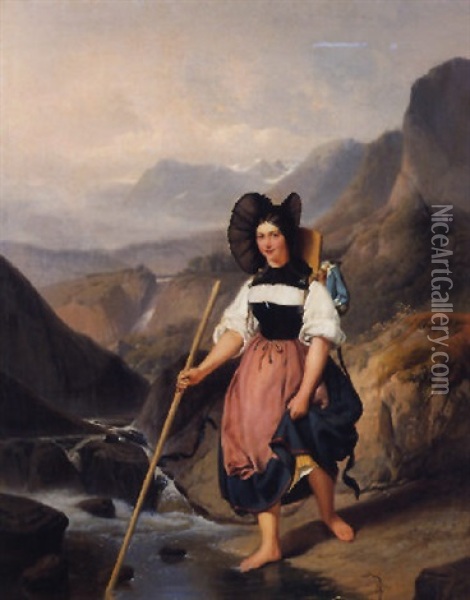 Berner Trachtenmadchen Am Gebirgsbach Oil Painting - Henry de Nobele
