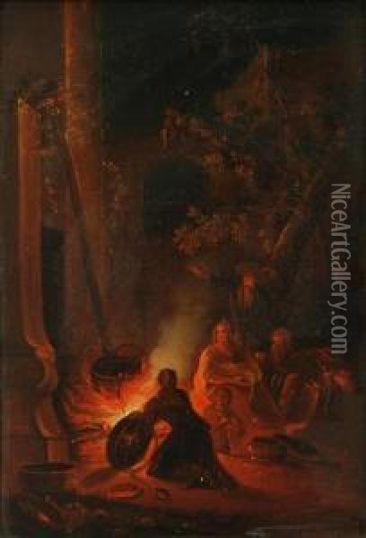 Figures Around A Campfire Oil Painting - Johann Georg Trautmann