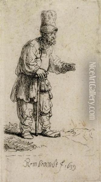 A Peasant In A High Cap Oil Painting - Rembrandt Van Rijn