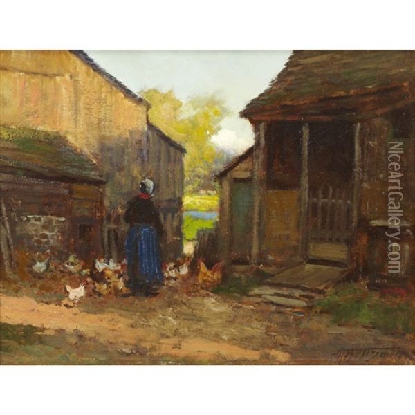 Feeding Chickens Oil Painting - Frederic Marlett Bell-Smith