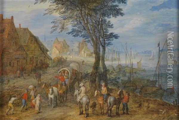 A Horse And Cart And Other Travellers On A Village Road Oil Painting - Joseph van Bredael