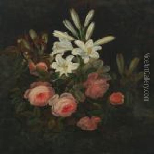Roses And Lilie Oil Painting - I.L. Jensen
