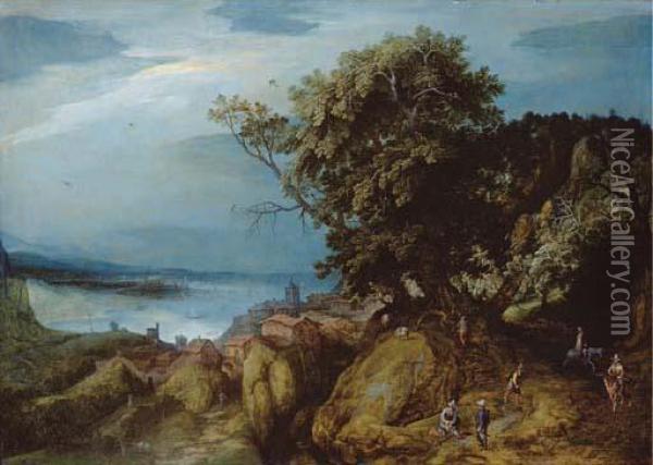 A Rocky River Landscape With Travellers Oil Painting - Adriaan van Stalbemt