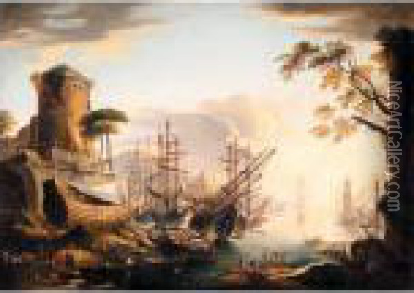View Of A Mediterranean Harbour Oil Painting - Salvator Rosa