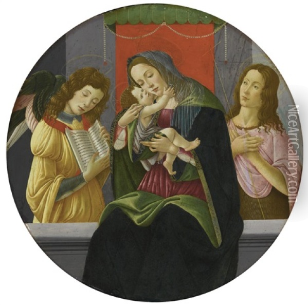 The Madonna And Child Enthroned With Saint John The Baptist And An Angel (collab. W/workshop) Oil Painting - Sandro Botticelli