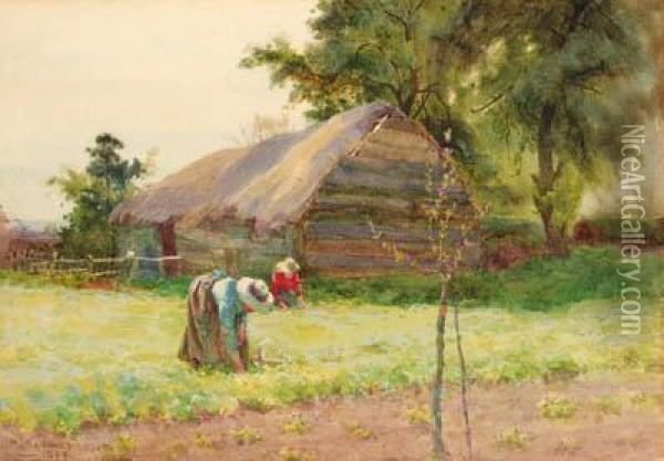 Figures Harvesting Lettuces; And Poultry Scratching Beneath A Crab-apple Tree Oil Painting - Maud Raphael Jones
