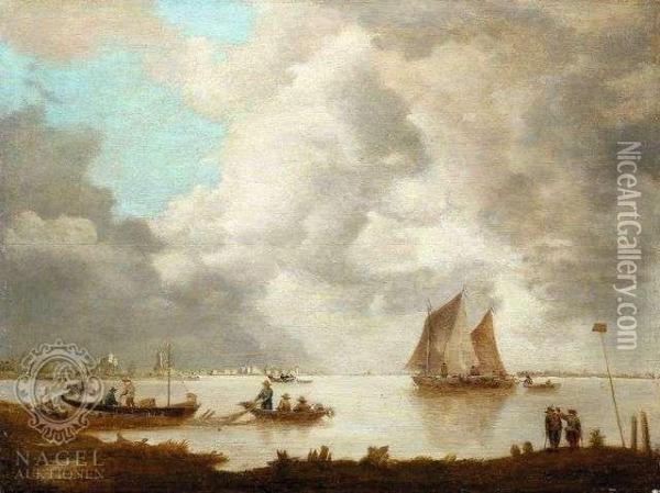 Fishing Boats Atsmooth Sea Oil Painting - Salomon van Ruysdael