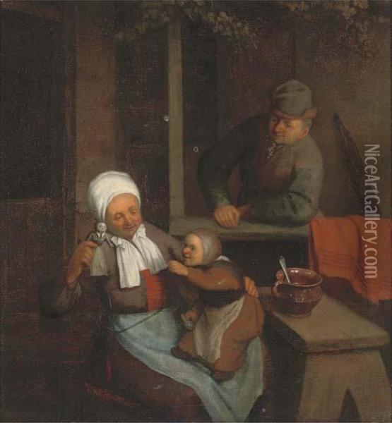 A Family In An Interior Oil Painting - Cornelis Dusart