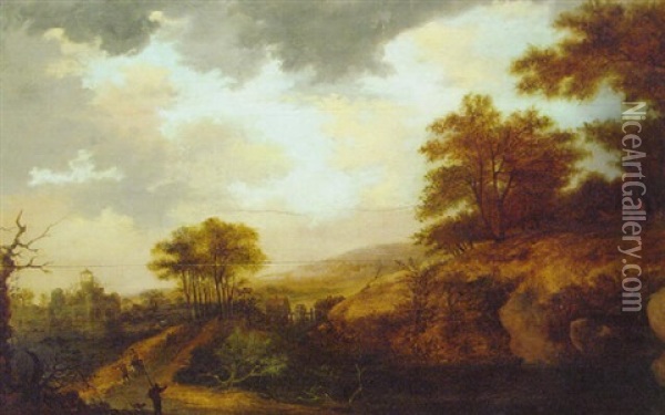An Extensive Landscape With Travellers On A Track By A Stream And A Castle Ruin Oil Painting - Gerard Van Edema