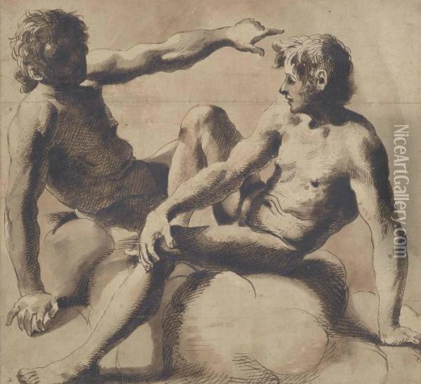 Two Seated Male Nudes Oil Painting - Pietro Antonio Novelli