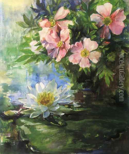 Wild Roses And Water Lily Study Of Sunlight Oil Painting - John La Farge