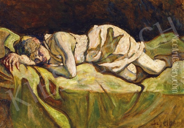 Girl Sleeping Oil Painting - Hugo Scheiber