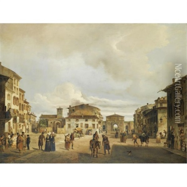 The Piazza Santa Toscana And Porta Vescovo, Verona Oil Painting - Carlo (Le Ferrarin) Ferrari