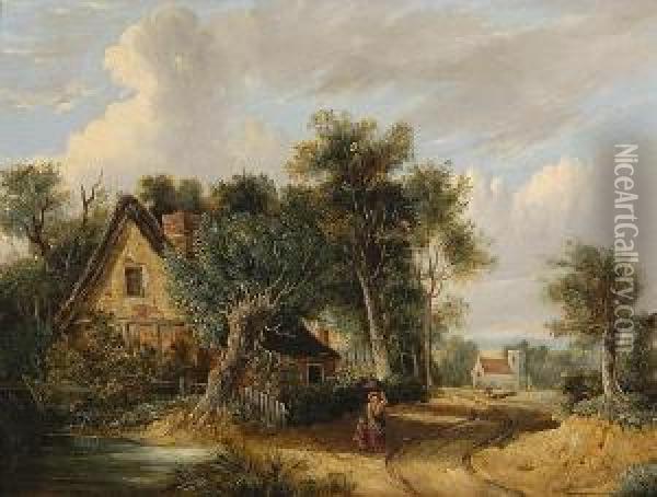 Figures Before A Woodland Cottage, A Church Beyond. Oil Painting - Samuel David Colkett