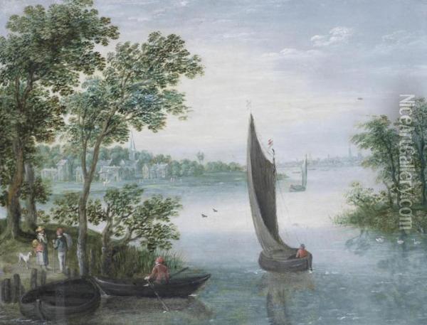 An Extensive River Landscape, With A Figure In A Ferry And Others On The Shore Oil Painting - Marten Ryckaert