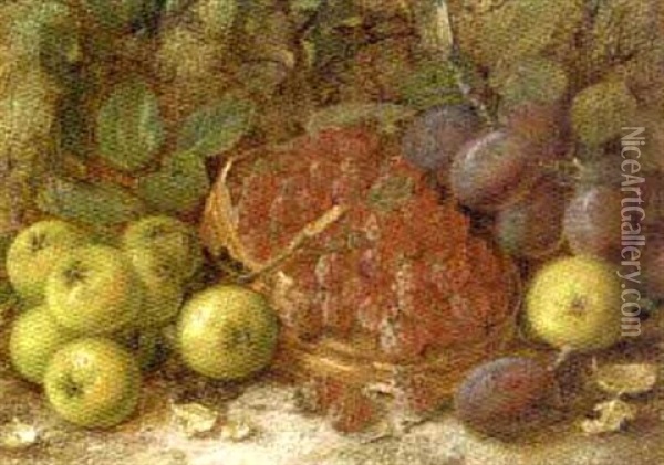 Crab-apples, Plums And Raspberries In A Basket On A Mossy Bank Oil Painting - Vincent Clare