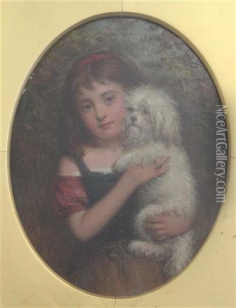 Portrait Of A Girl Holding A White Terrier Oil Painting - Joshua Hargrave Sams Mann