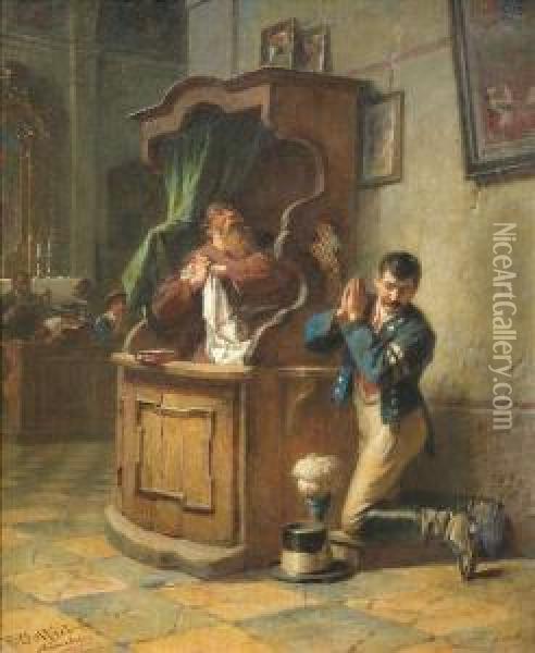 The Confession Of A Postillion. Oil/canvas, Signed And Inscribed Oil Painting - Friedrich Ortlieb