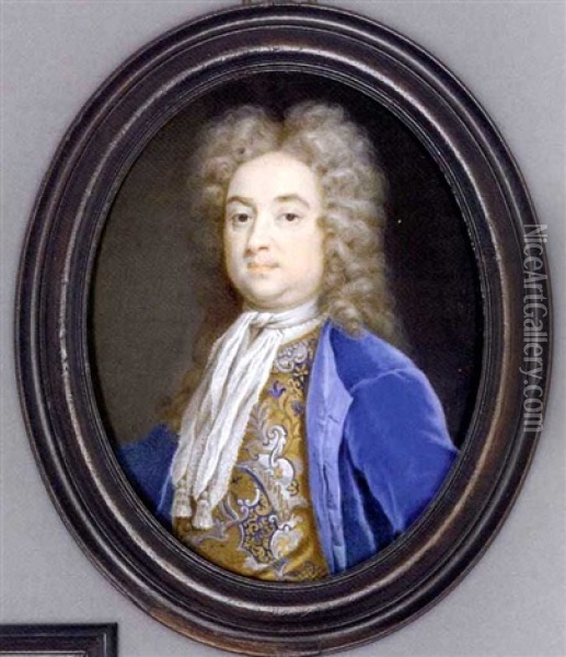 A Gentleman Called William Pulteney, 1st Earl Of Bath (1684-1764), In Blue Velvet Coat, Silver And Blue Embroidered Floral Beige Waistcoat, Tied Cravat With Tassels, Full-bottomed Powdered Curling Wig Oil Painting - Christian Richter