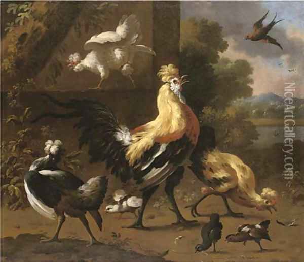 A cockerel and hens in a river landscape Oil Painting - Melchior de Hondecoeter
