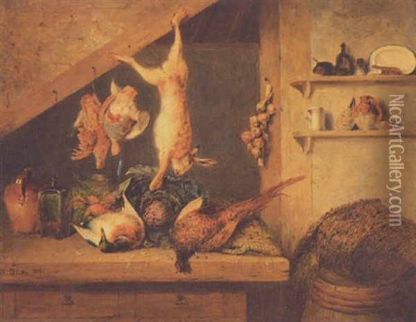 Gamebirds And A Hare In The Larder Oil Painting - Benjamin Blake