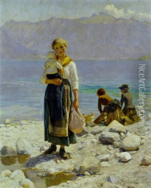 Jeune Mere Avec Son Enfant Au Bord Du Lac Leman Oil Painting - Jules Girardet