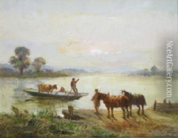 Evening By The River; Waiting For The Ferry Oil Painting - Henry Earp