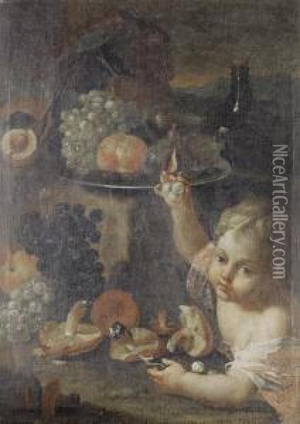 A Young Boy Eating Pumpkin, With Glasses On Apewter Tray On A Stone Ledge Oil Painting - Maximillian Pfeiler