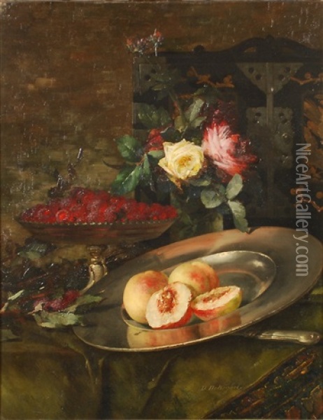 Peches, Framboises Et Roses Sur Une Table Oil Painting - Desire de Keghel