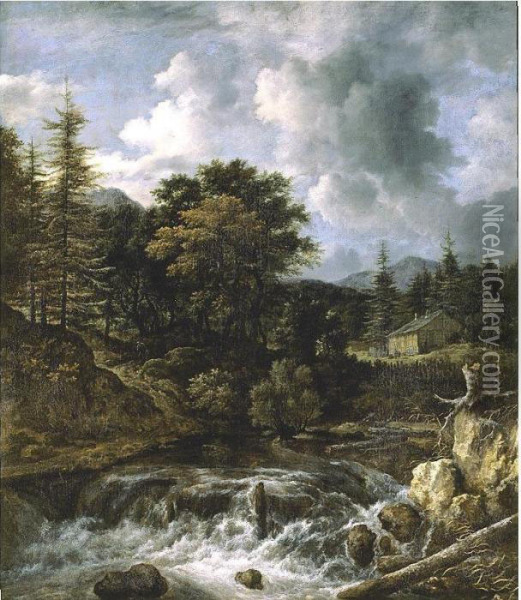 Torrent In A Wooded Landscape, A Cottage Beyond Oil Painting - Jacob Van Ruisdael