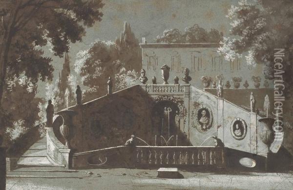Un Jardin A L'italienne Avec Une Fontaine Monumentale Et Une Villa A L'arriere-plan Oil Painting - Etienne Jeaurat