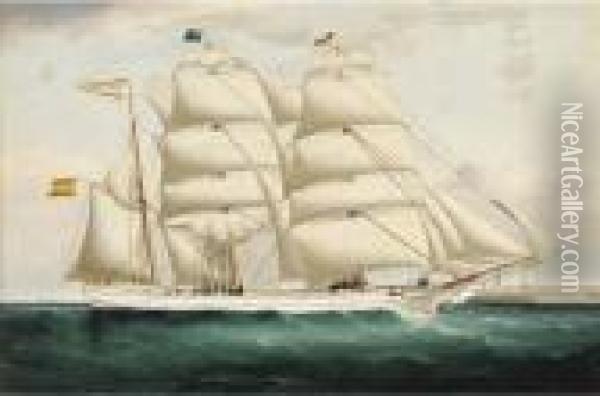 The Three-masted Spanish Barque 
Rafael Pomar Shortening Sail As Sheapproaches Port Mahon, Minorca Oil Painting - William Howard Yorke
